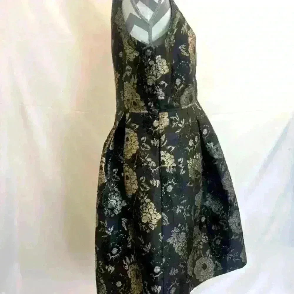 Ann Taylor Factory Black Gold Foil Floral Sleeveless Dress Fit & Flare - Picture 13 of 16